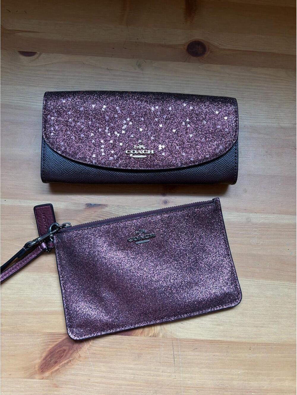 Coach Raspberry Glitter Heart Slim Wallet & Matching Wristlet Set